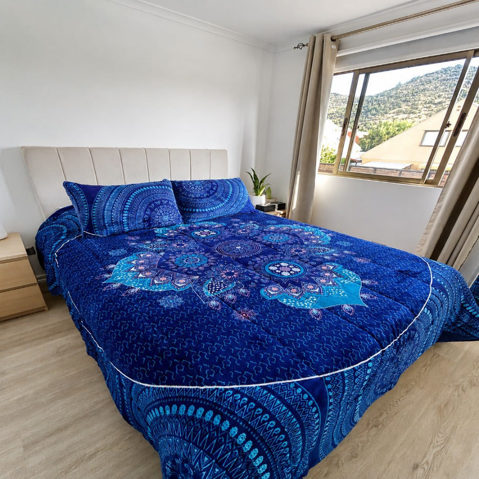 Cubrecama 2 Plazas Polar con Chiporro Mandala Azul Profundo 230x250 cm + 2 Fundas