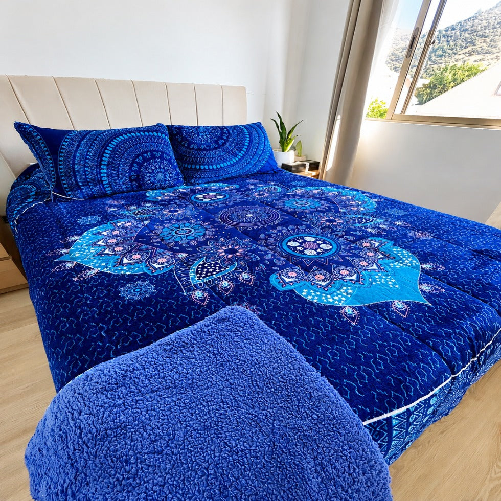 Cubrecama 2 Plazas Polar con Chiporro Mandala Azul Profundo 230x250 cm + 2 Fundas