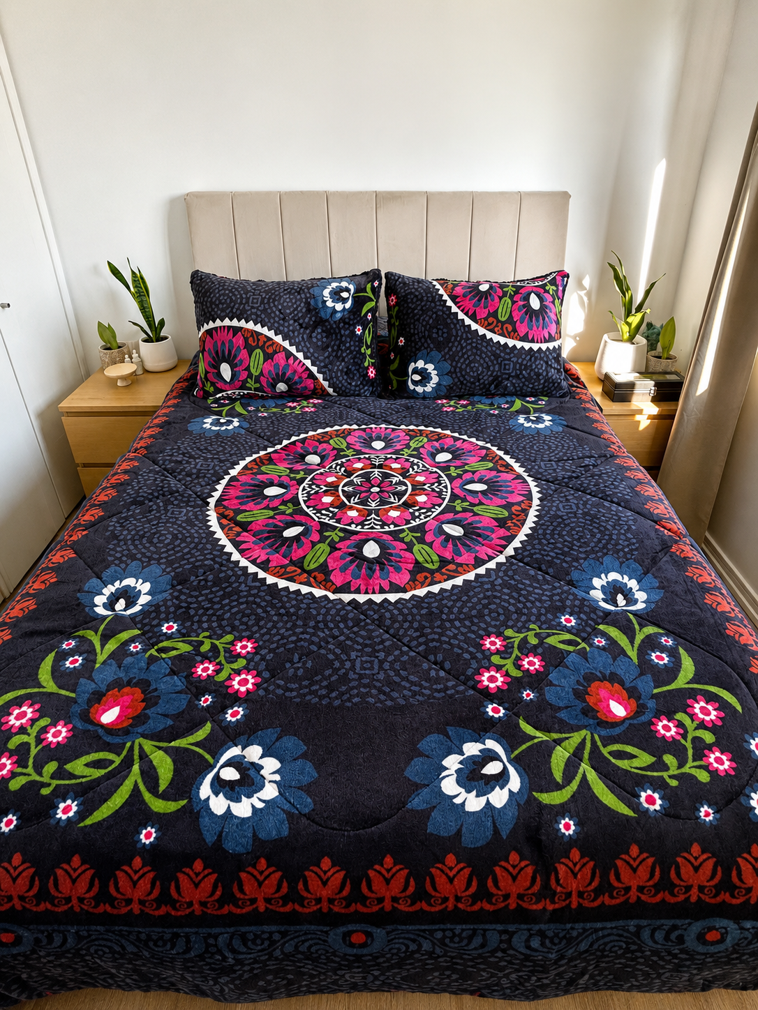 Cubrecama 2 Plazas Polar con Chiporro Mandala Floral Nocturno 230x250 cm + 2 Fundas