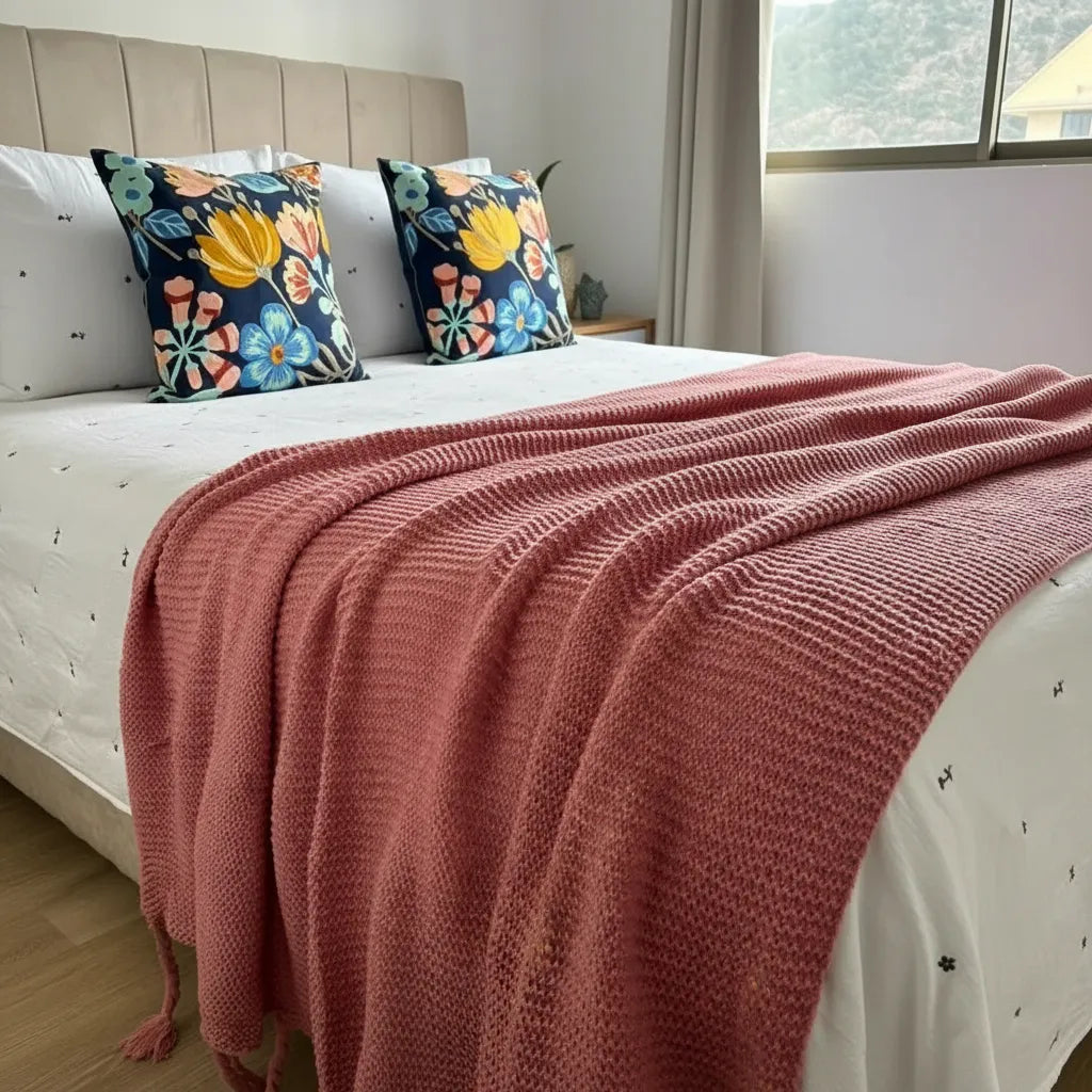 Manta Chenille Extra Grande Con Flecos De Soga 240 X 180 Cm  - Rosa