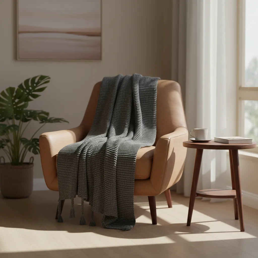 Manta Chenille Extra Grande Con Flecos De Soga 240 X 180 Cm  - Gris