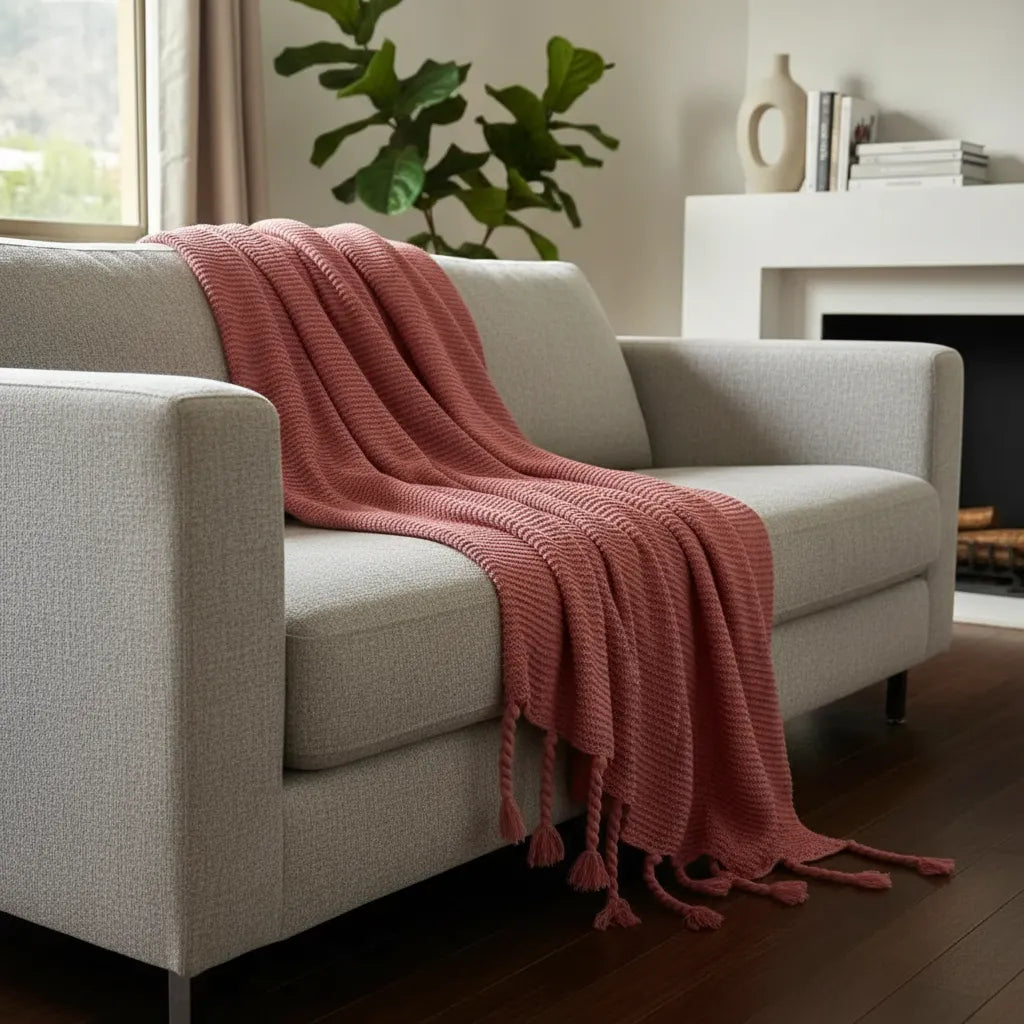 Manta Chenille Extra Grande Con Flecos De Soga 240 X 180 Cm  - Rosa