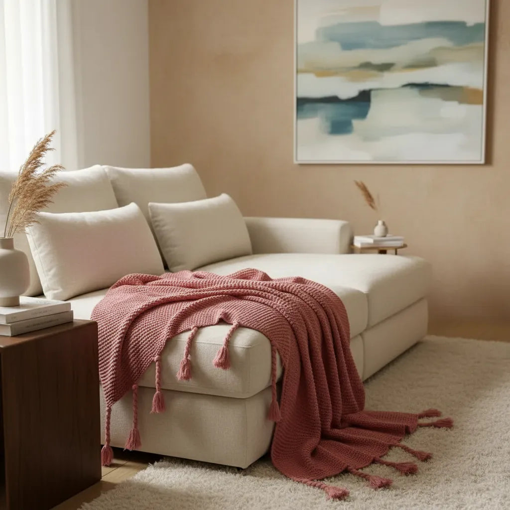 Manta Chenille Extra Grande Con Flecos De Soga 240 X 180 Cm  - Rosa