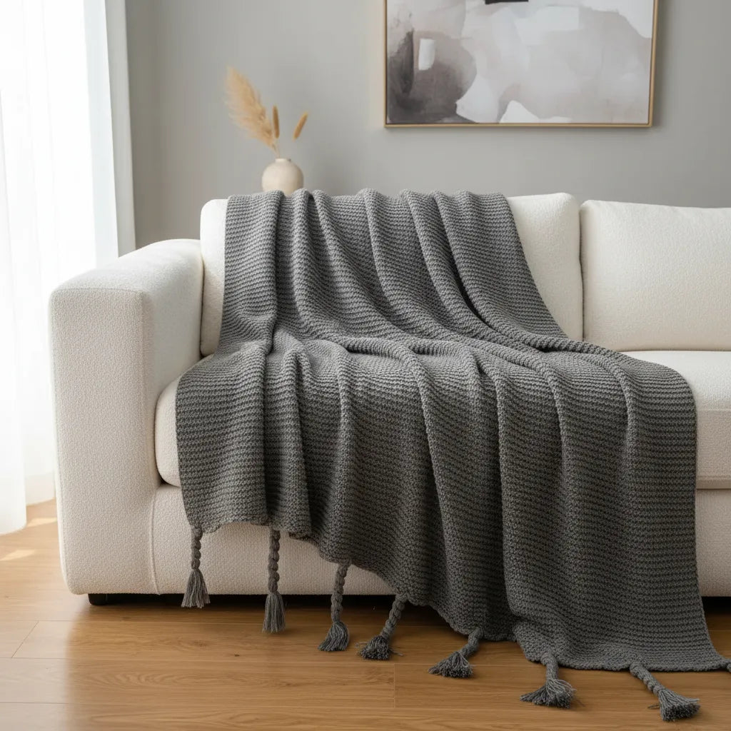 Manta Chenille Extra Grande Con Flecos De Soga 240 X 180 Cm  - Gris