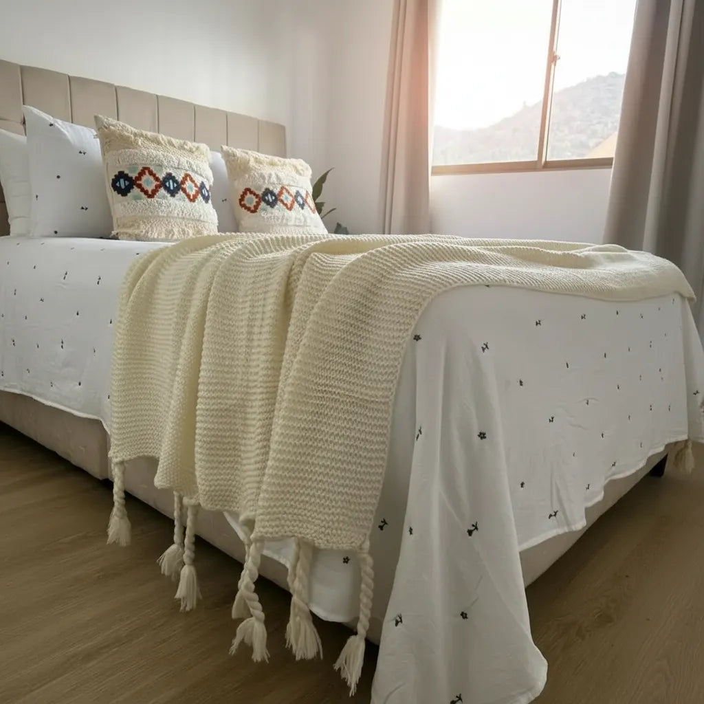 Manta Chenille Extra Grande Con Flecos De Soga 240 X 180 Cm  - Beige