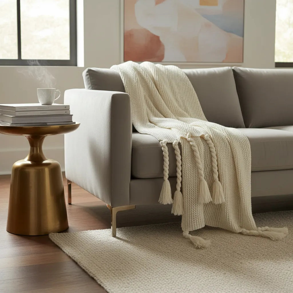 Manta Chenille Extra Grande Con Flecos De Soga 240 X 180 Cm  - Beige