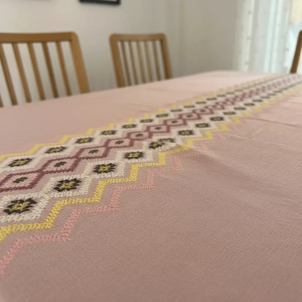 Mantel De Lino Decorativo · Mesa 6 Puestos · Étnico Bordado Rosa