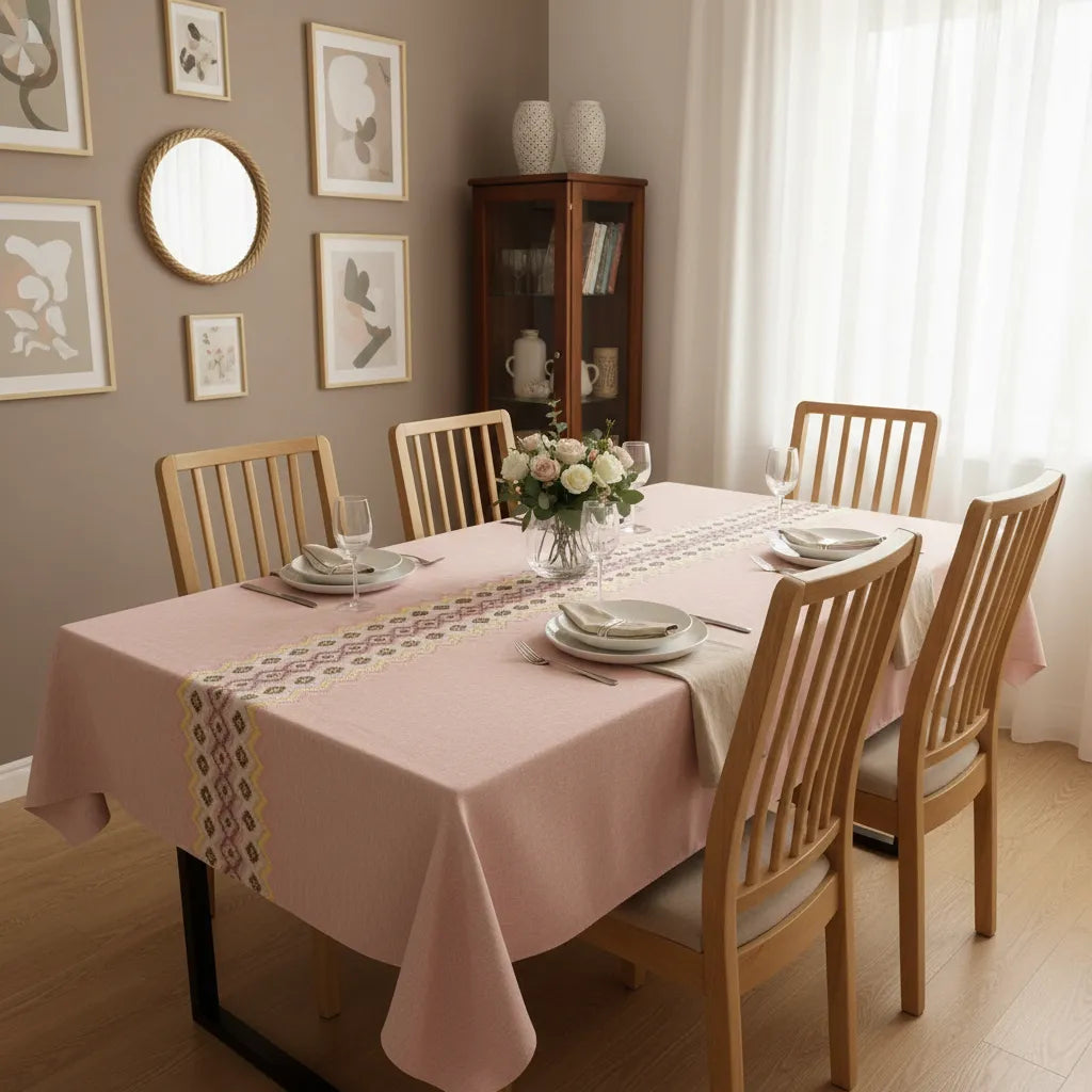 Mantel De Lino Decorativo · Mesa 6 Puestos · Étnico Bordado Rosa