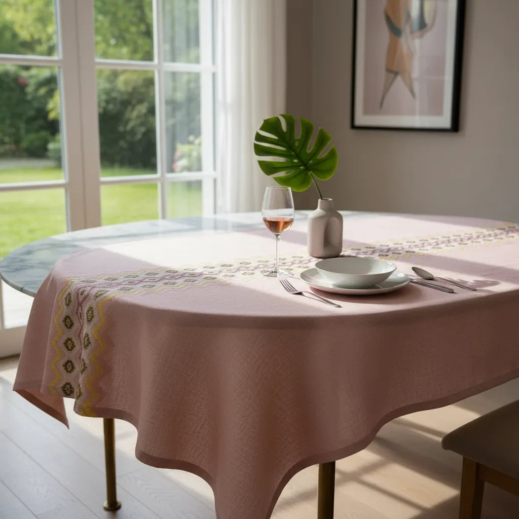 Mantel De Lino Decorativo · Mesa 6 Puestos · Étnico Bordado Rosa