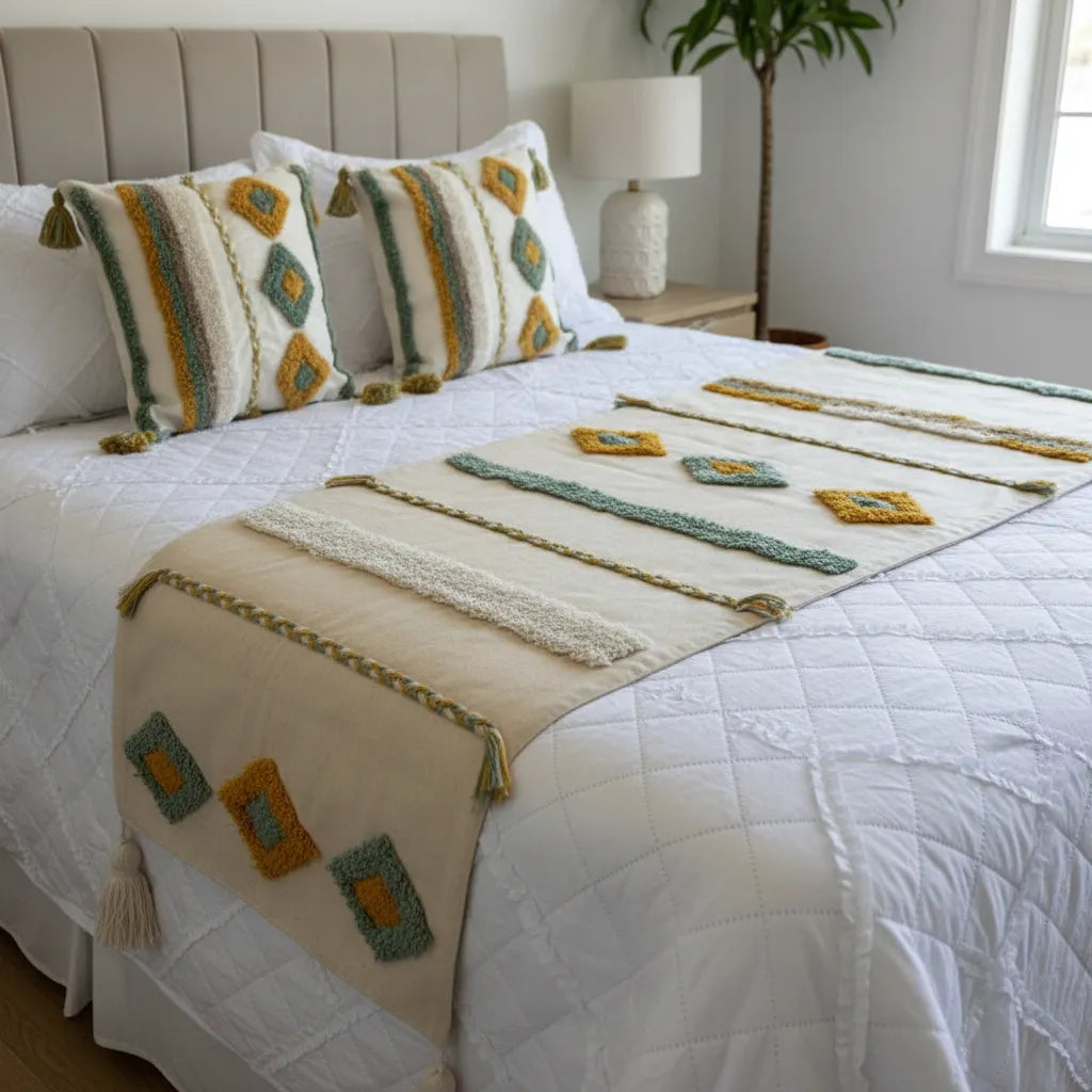 Fundas de cojines boho verde agua + mostaza