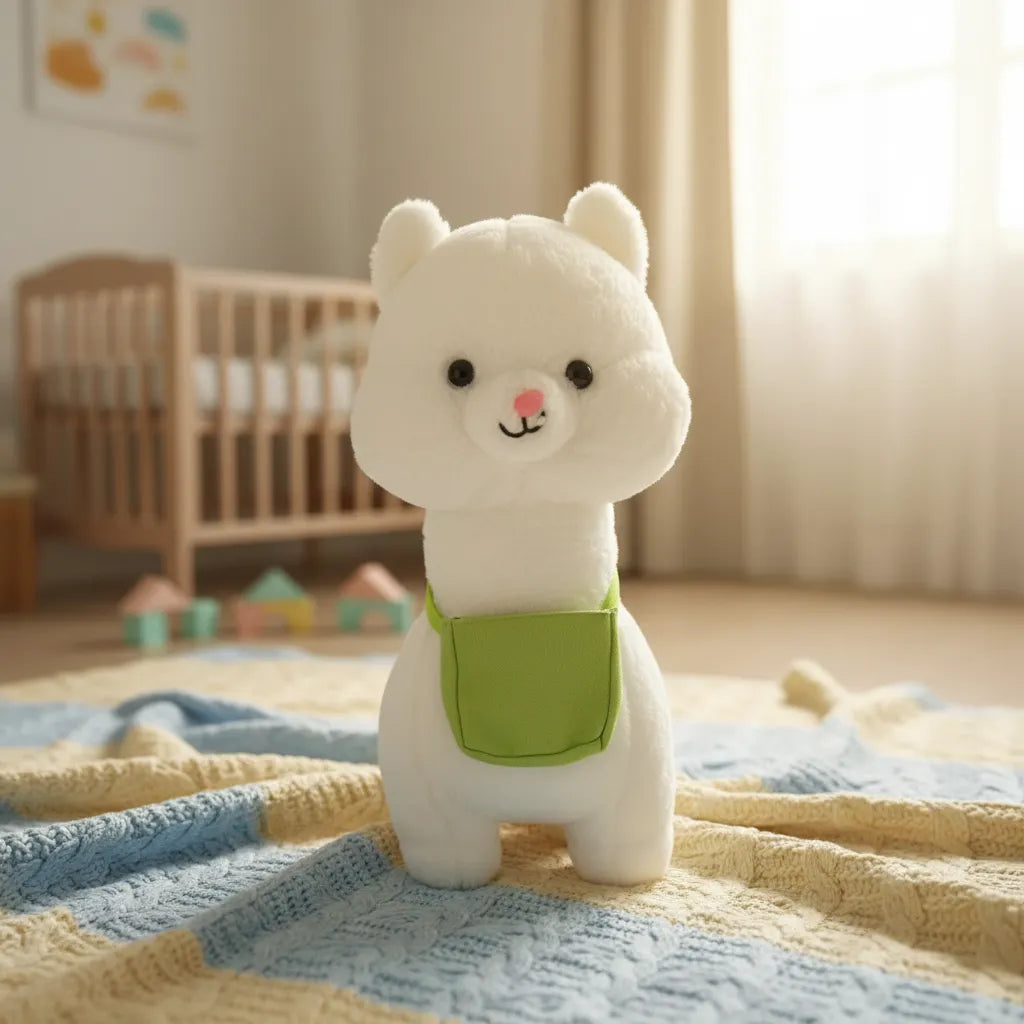 Peluche Alpaca Blanca Con Bolso Verde Suave Y Abrazable