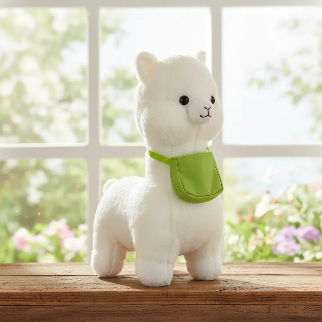 Peluche Alpaca Blanca Con Bolso Verde Suave Y Abrazable