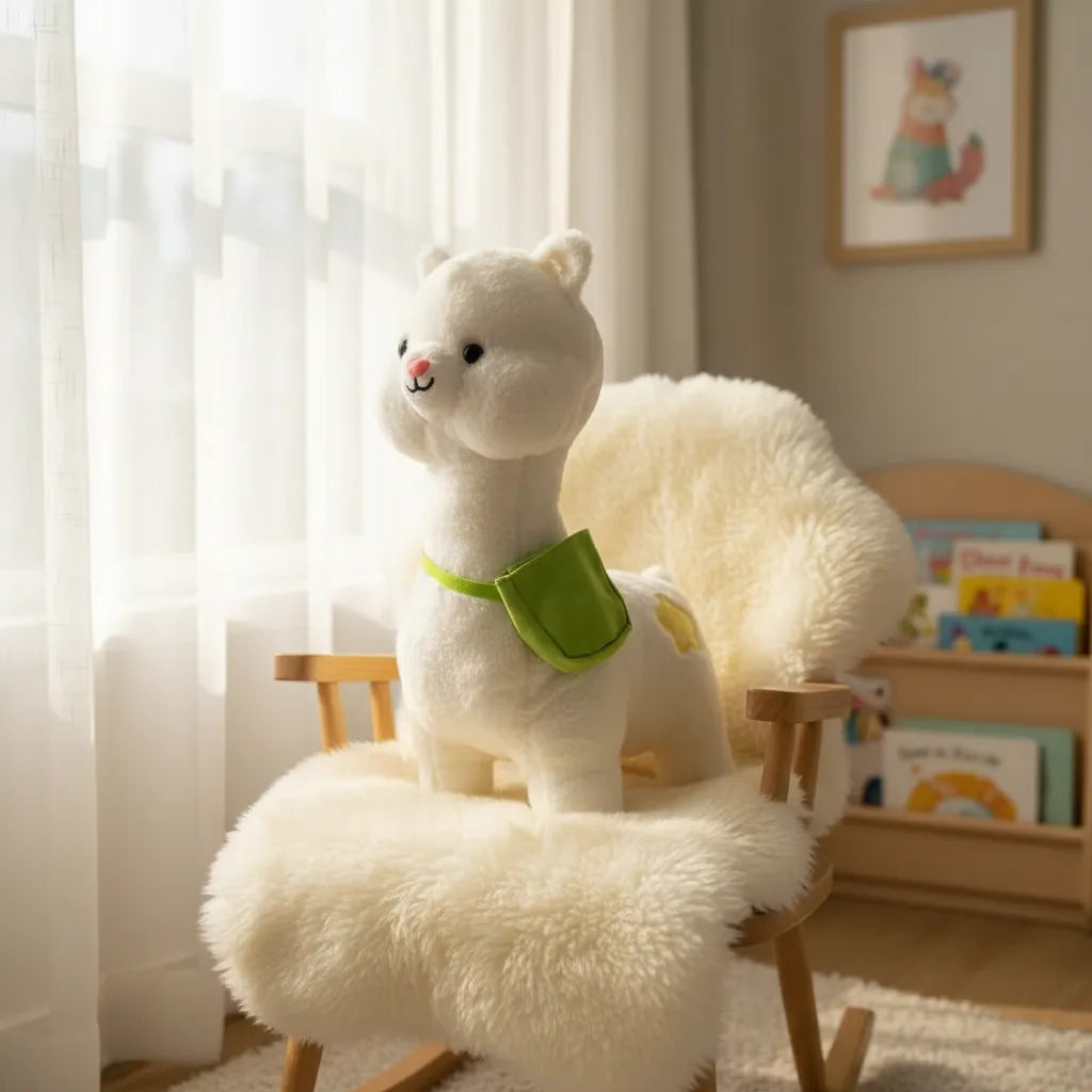 Peluche Alpaca Blanca Con Bolso Verde Suave Y Abrazable