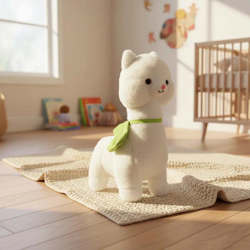 Peluche Alpaca Blanca Con Bolso Verde Suave Y Abrazable