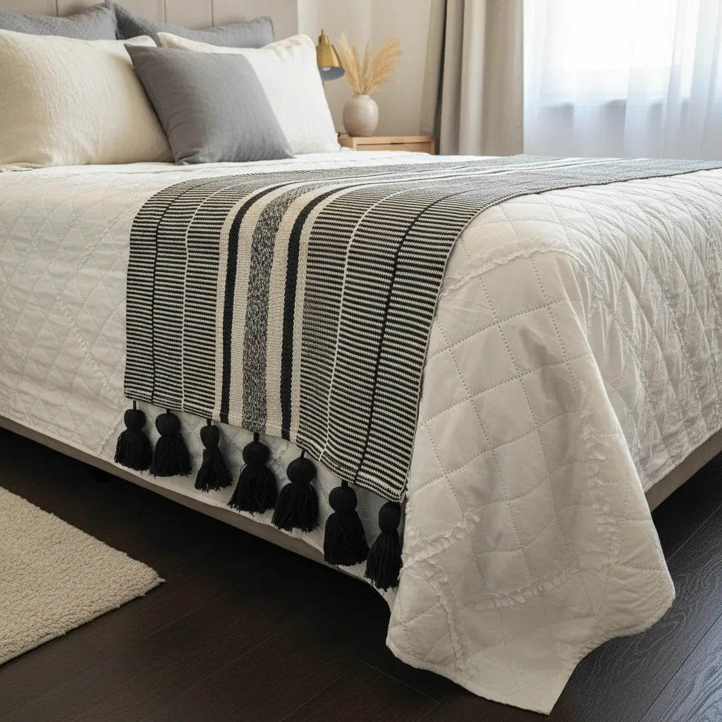 Piecera Decorativa Blanco Y Negro Con Pom Poms 60 X 210 Cm