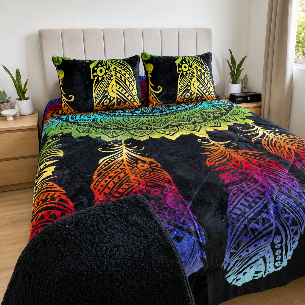 Cubrecama 2 Plazas Polar con Chiporro Plumas Bohemia  230x250 cm + 2 Fundas