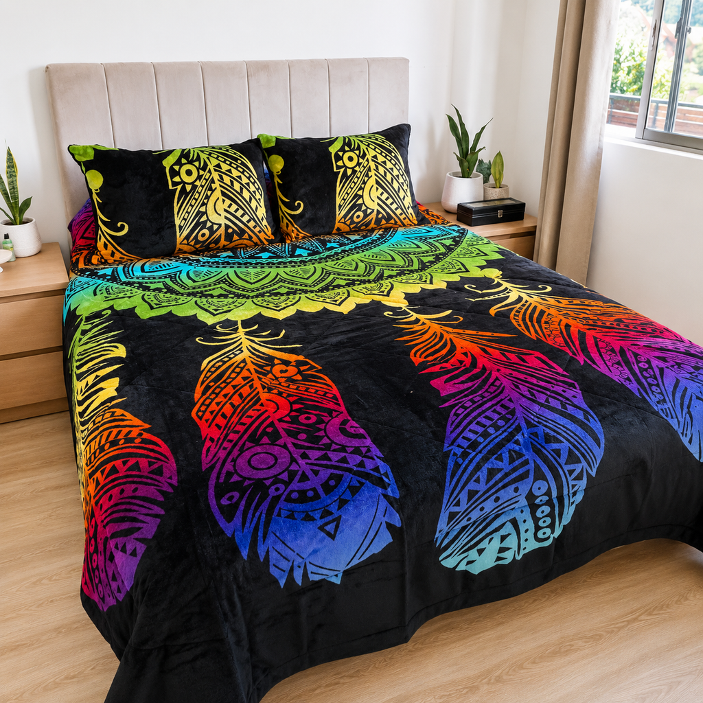 Cubrecama 2 Plazas Polar con Chiporro Plumas Bohemia  230x250 cm + 2 Fundas