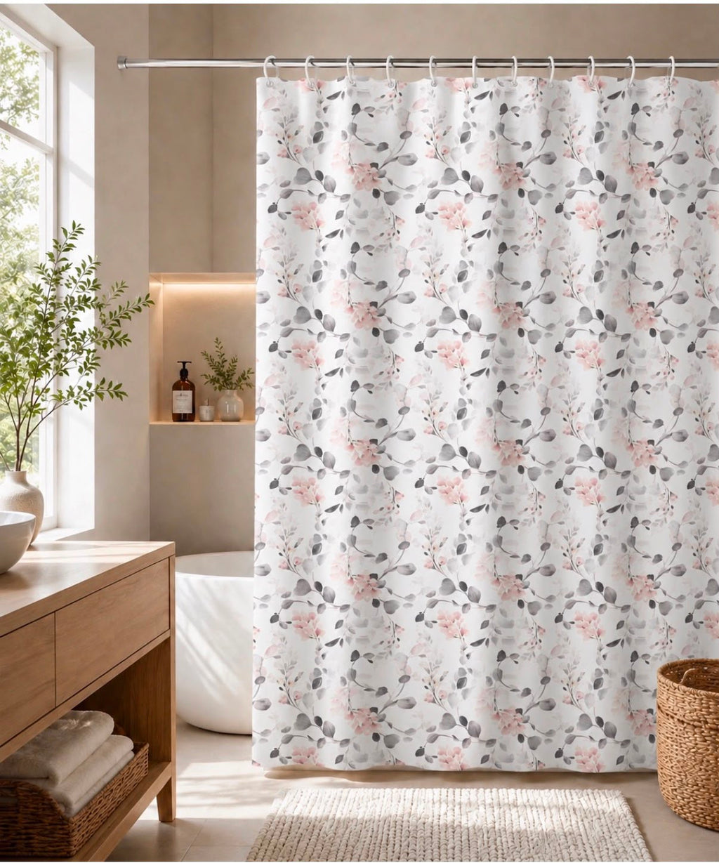 Set de Cortina de Baño de Tela Ramas Rosé con Forro, 3 Magnetos y 12 Ganchos 180 × 180 cm