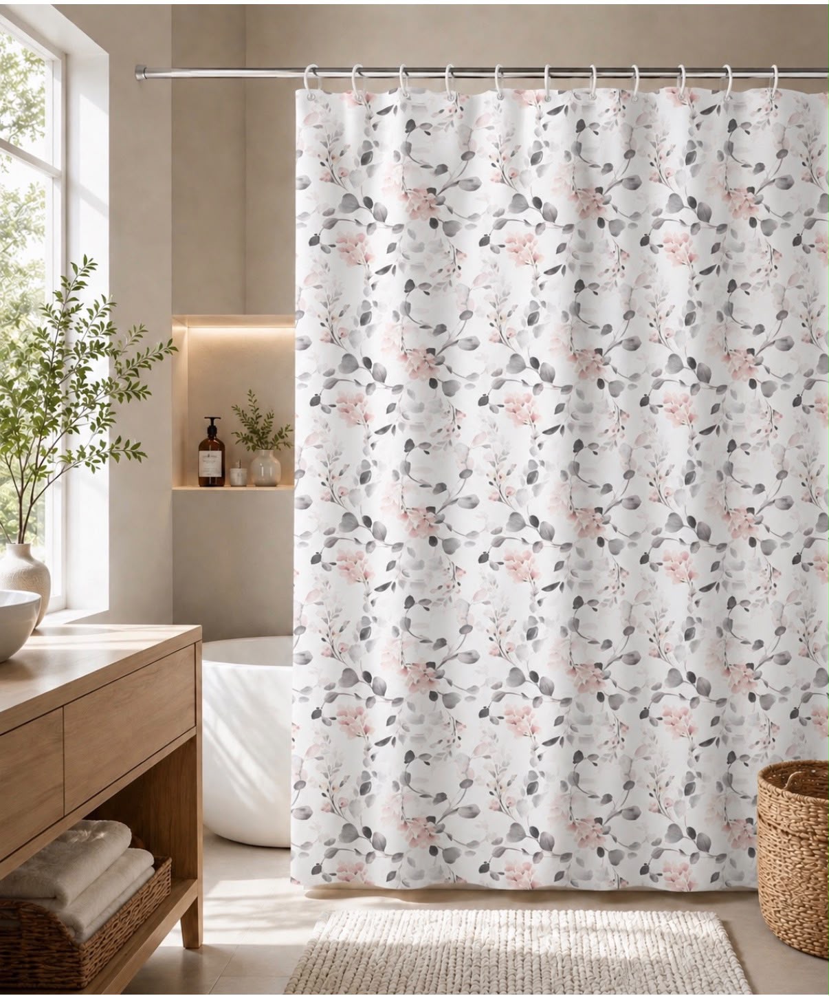 Set de Cortina de Baño de Tela Ramas Rosé con Forro, 3 Magnetos y 12 Ganchos 180 × 180 cm