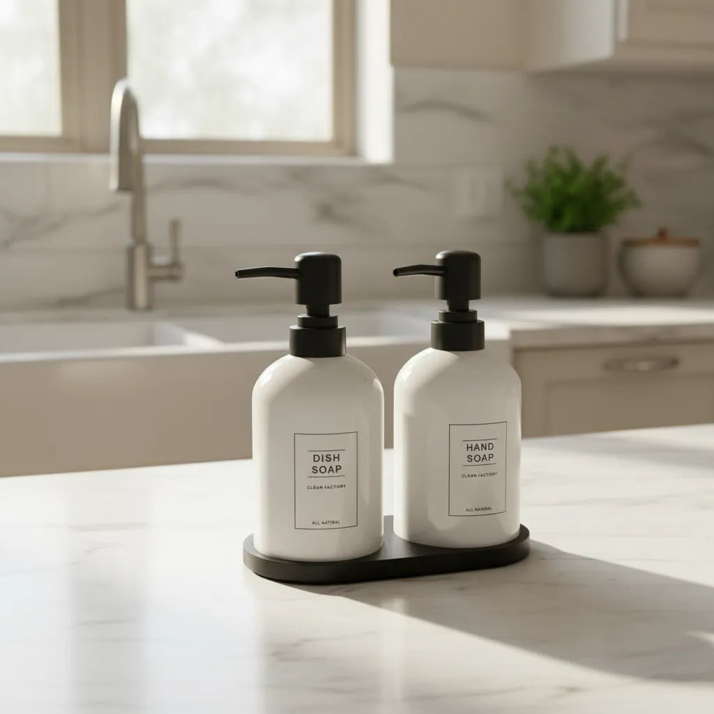 Set Dispensadores De Jabón Y Lavalozas Con Bandeja | Blanco