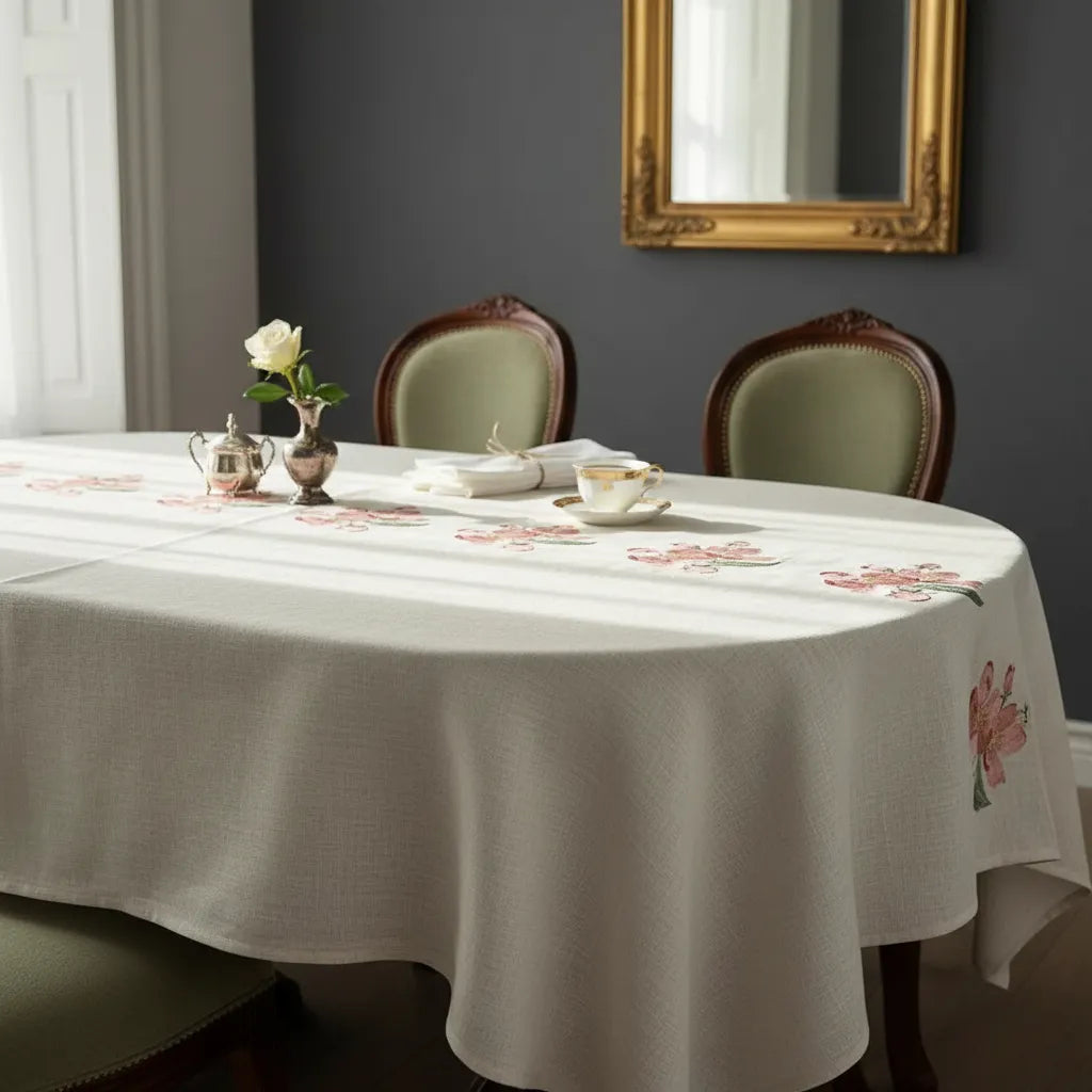 Mantel De Lino Decorativo · Mesa 6 Puestos · Floral Bordado