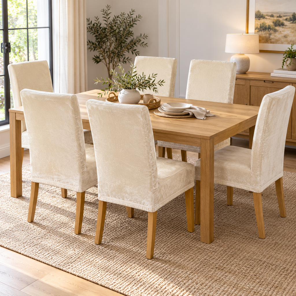 Pack de 6 Fundas Adaptables para Sillas de Comedor en Terciopelo Beige