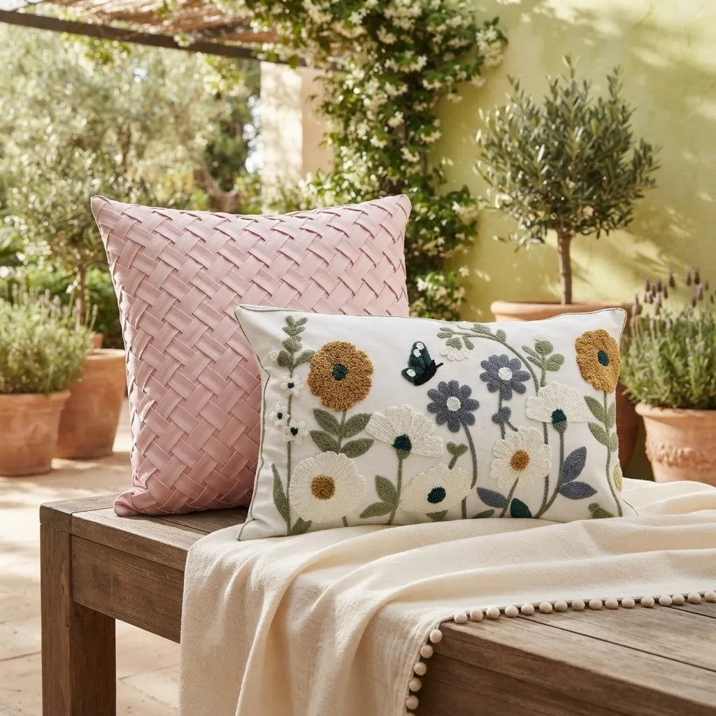 Set 4 Cojines Jardín Rosé Drapeado · 45x45 + Bordados 30x50