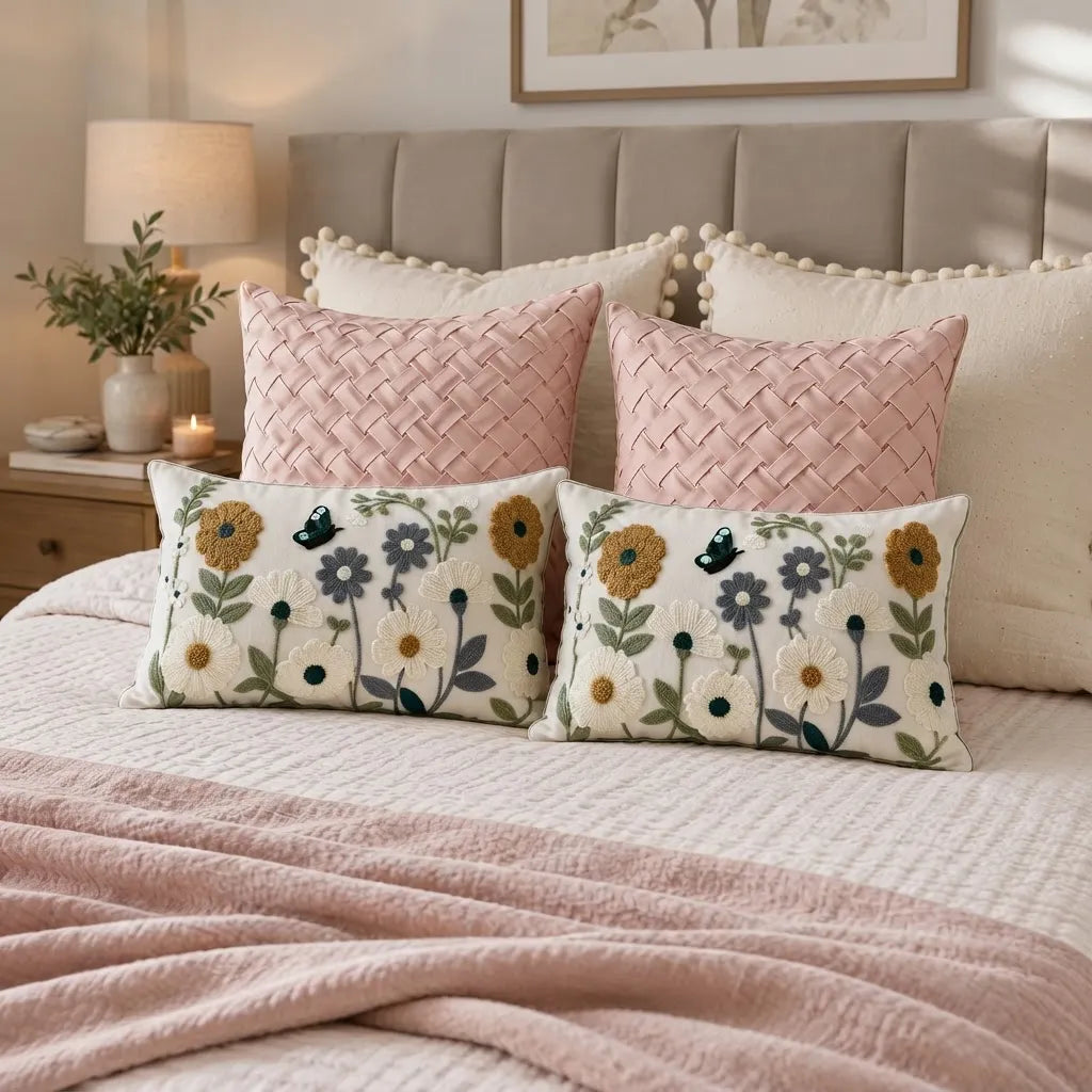 Set 4 Cojines Jardín Rosé Drapeado · 45x45 + Bordados 30x50