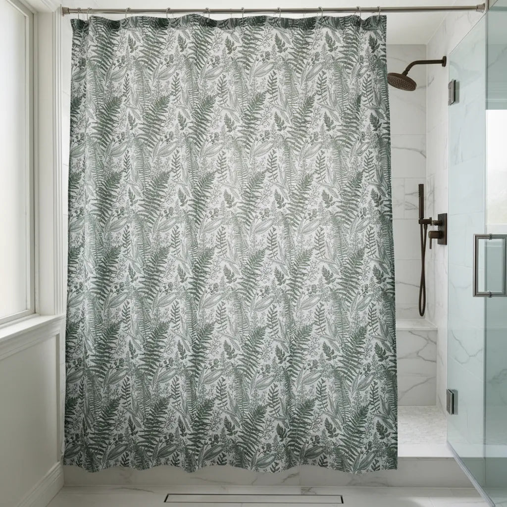 Set de Cortina de Baño de Tela Helechos Verdes con Forro, 3 Magnetos y 12 Ganchos 180 × 180 cm
