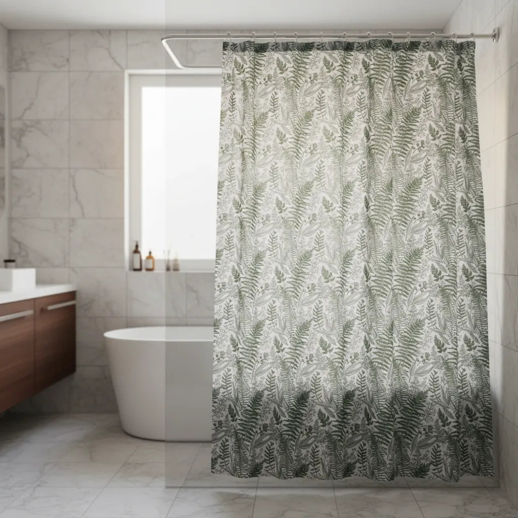 Set de Cortina de Baño de Tela Helechos Verdes con Forro, 3 Magnetos y 12 Ganchos 180 × 180 cm