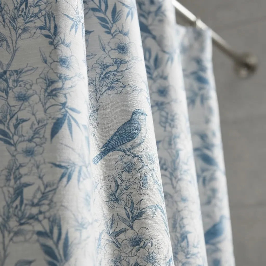 Set Cortina De Baño De Tela Jardín Azul Con Forro