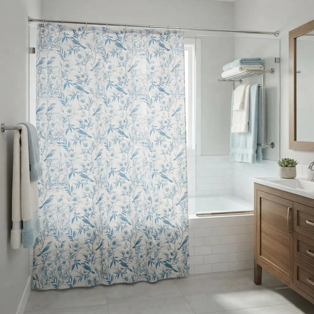 Set Cortina De Baño De Tela Jardín Azul Con Forro