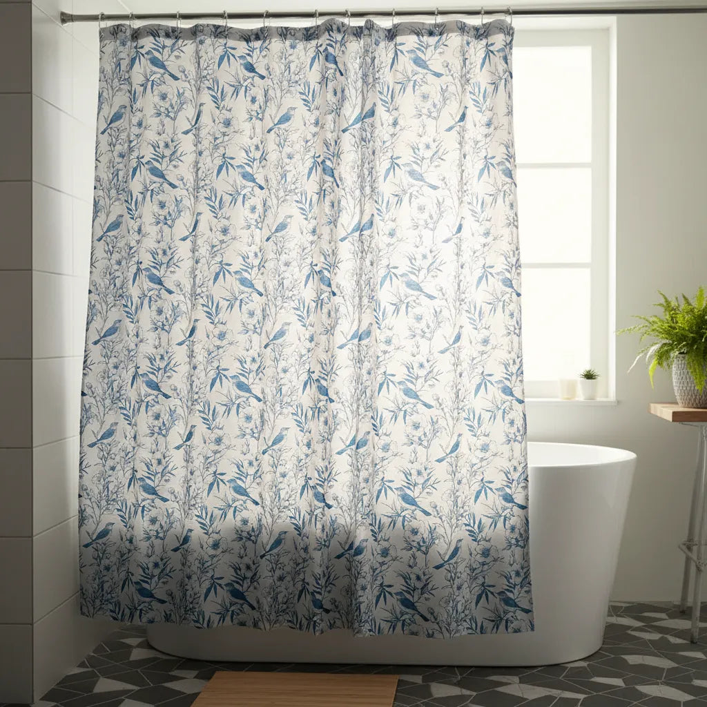Set Cortina De Baño De Tela Jardín Azul Con Forro