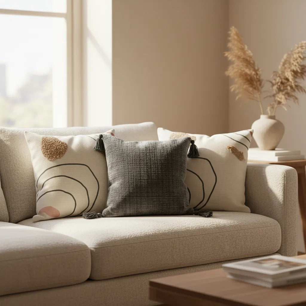 Set De 3 Cojines Decorativos Boho Abstracto Beige Y Gris