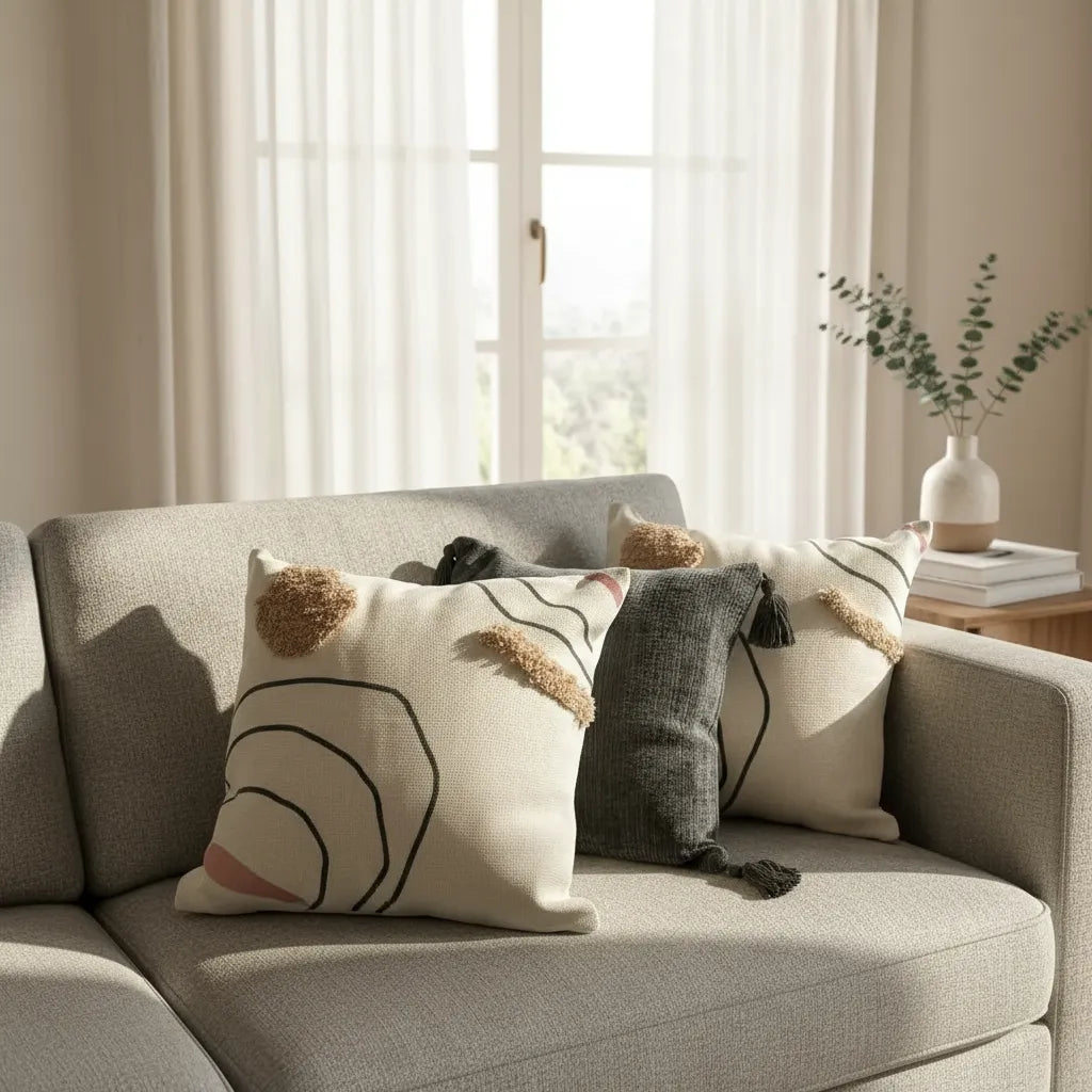 Set De 3 Cojines Decorativos Boho Abstracto Beige Y Gris