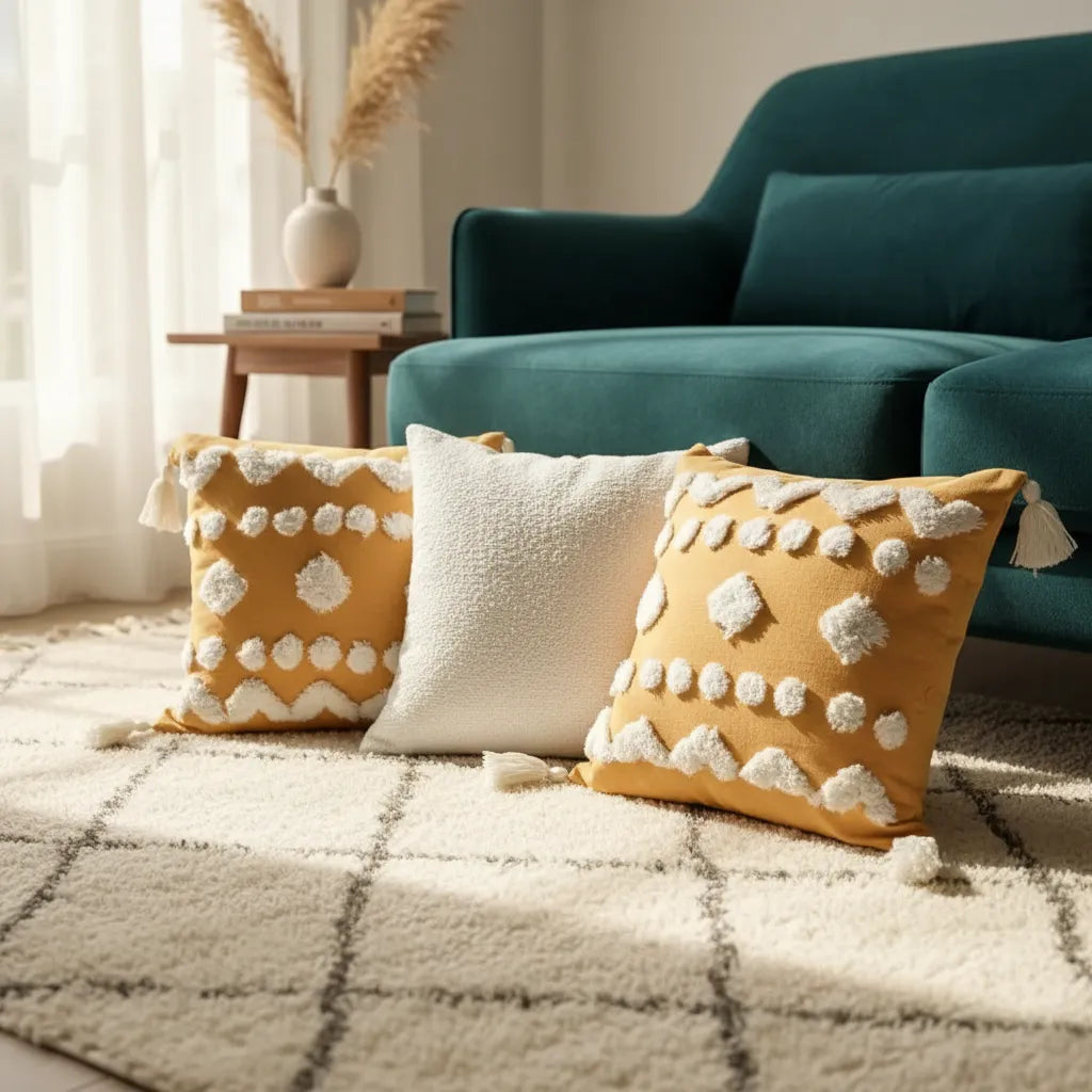Set De 3 Cojines Decorativos Boho Amarillo Y Blanco