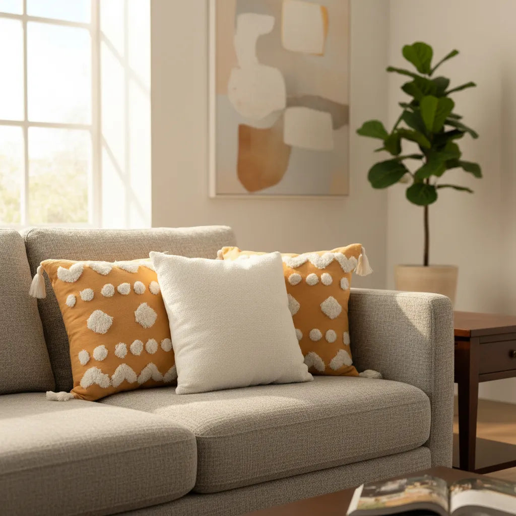 Set De 3 Cojines Decorativos Boho Amarillo Y Blanco