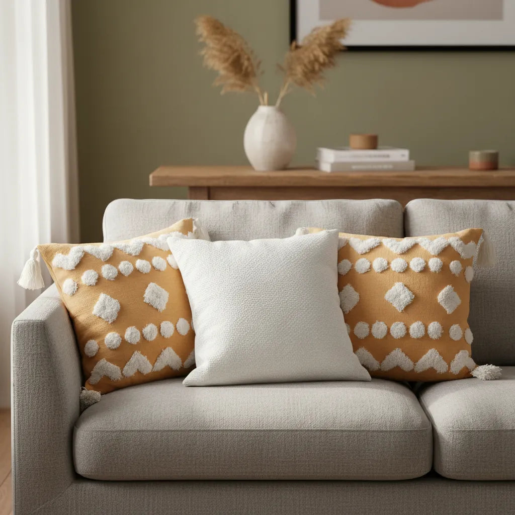 Set De 3 Cojines Decorativos Boho Amarillo Y Blanco