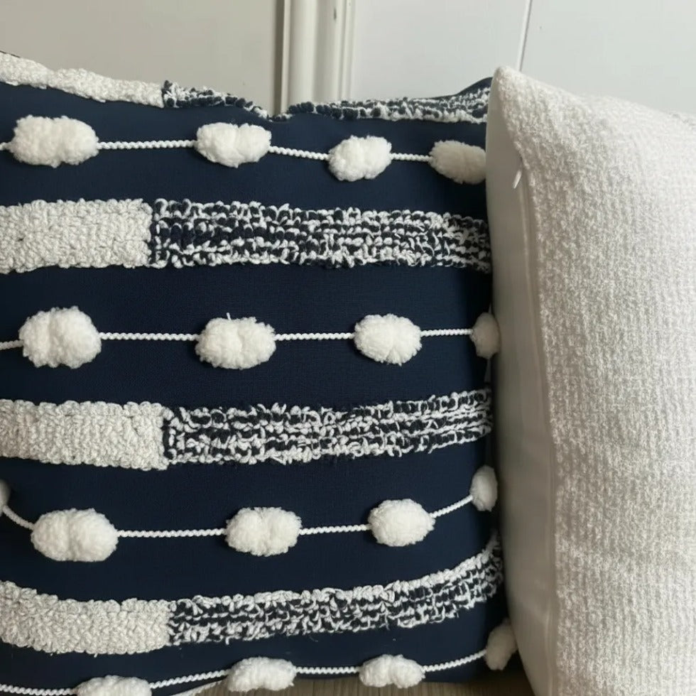 Set De 3 Cojines Decorativos Boho Azul Marino Y Blanco
