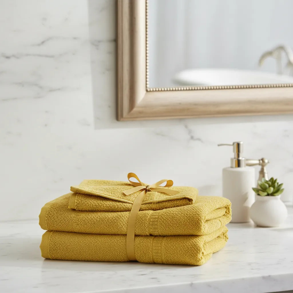 Set De 3 Toallas De Algodón Mostaza Manos, Baño Y Cuerpo
