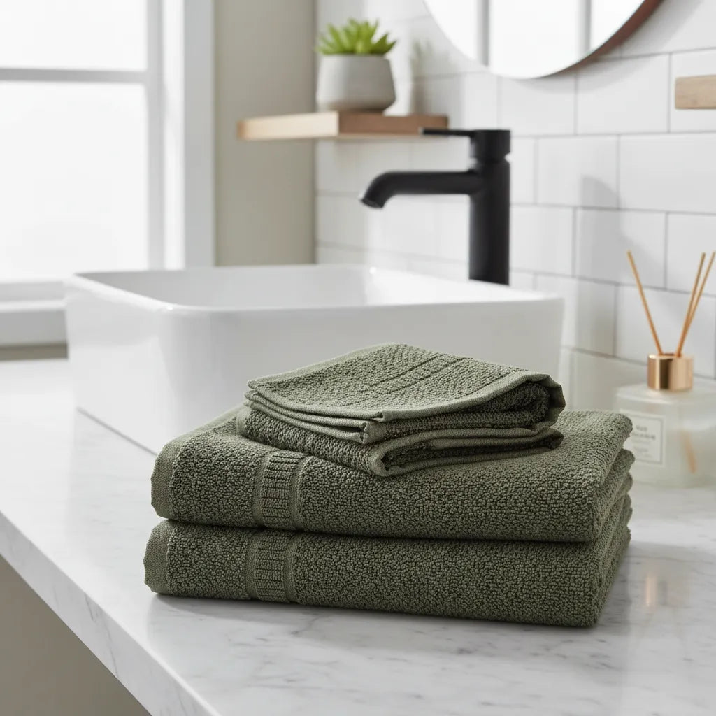 Set De 3 Toallas De Algodón verde musgo  Manos, Baño Y Cuerpo