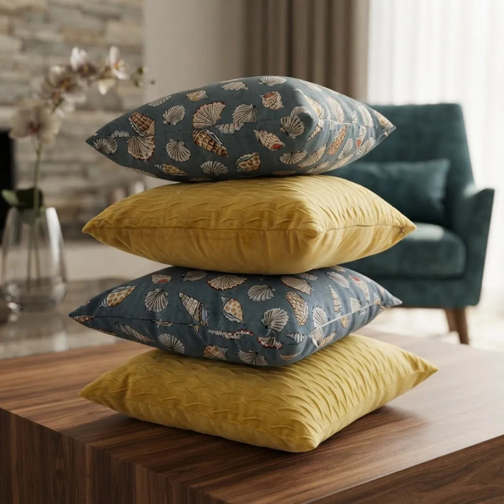 Set de 4 Cojines 45 × 45 cm · Conchas Repelentes y Ondas Mostaza