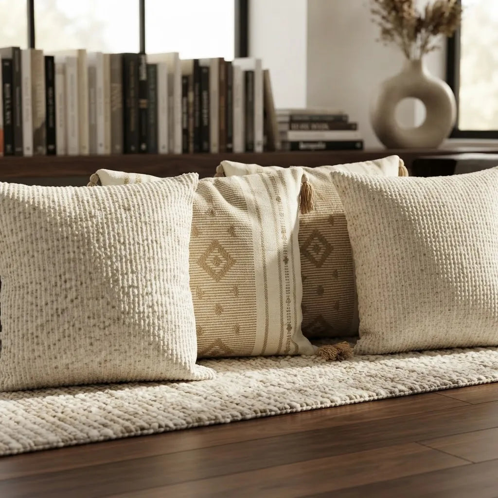 Set de 4 Cojines Decorativos Arena Natural · Texturizados y Tejidos · 45 × 45 cm