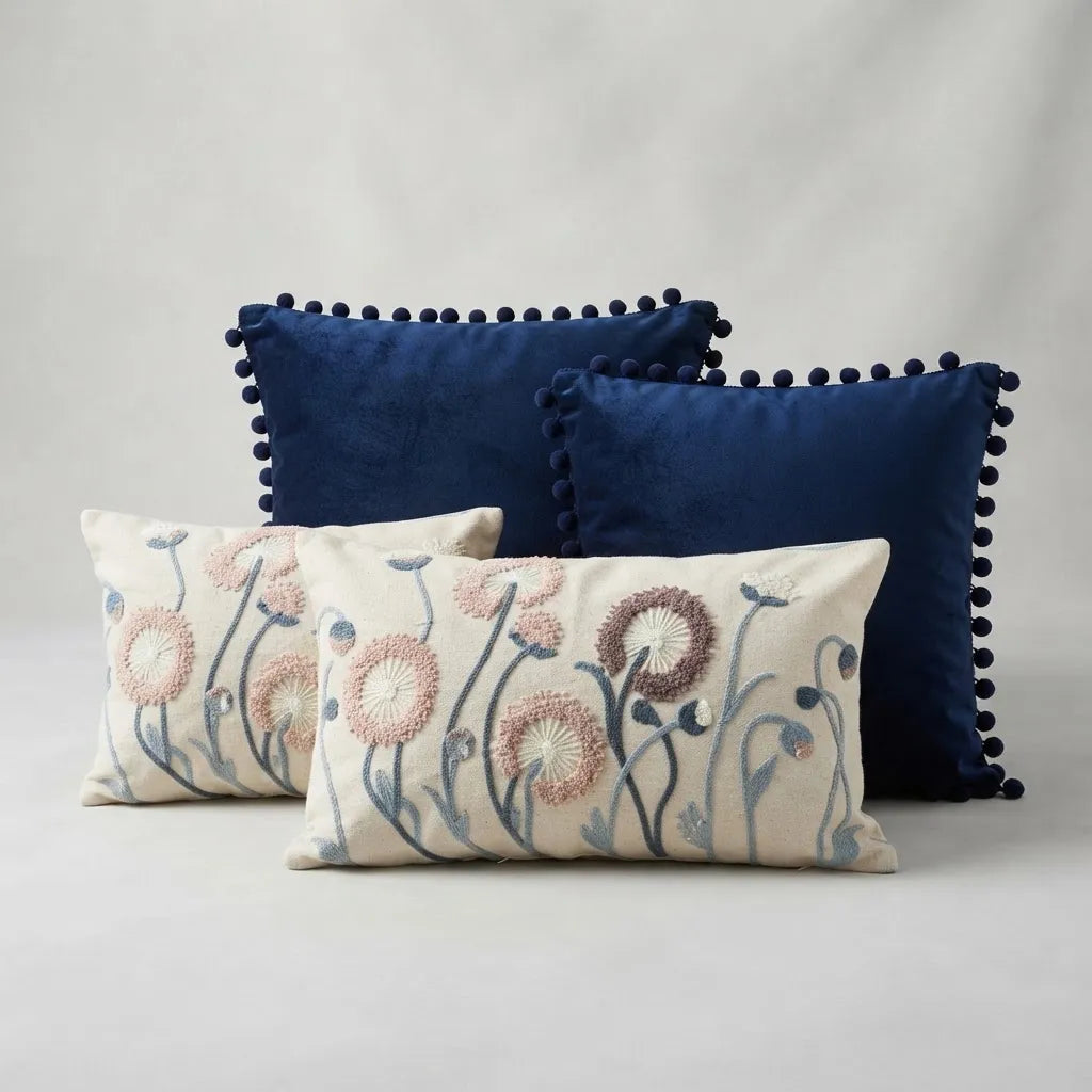 Set de 4 Cojines Decorativos Jardín Azul Bordados con Pompones