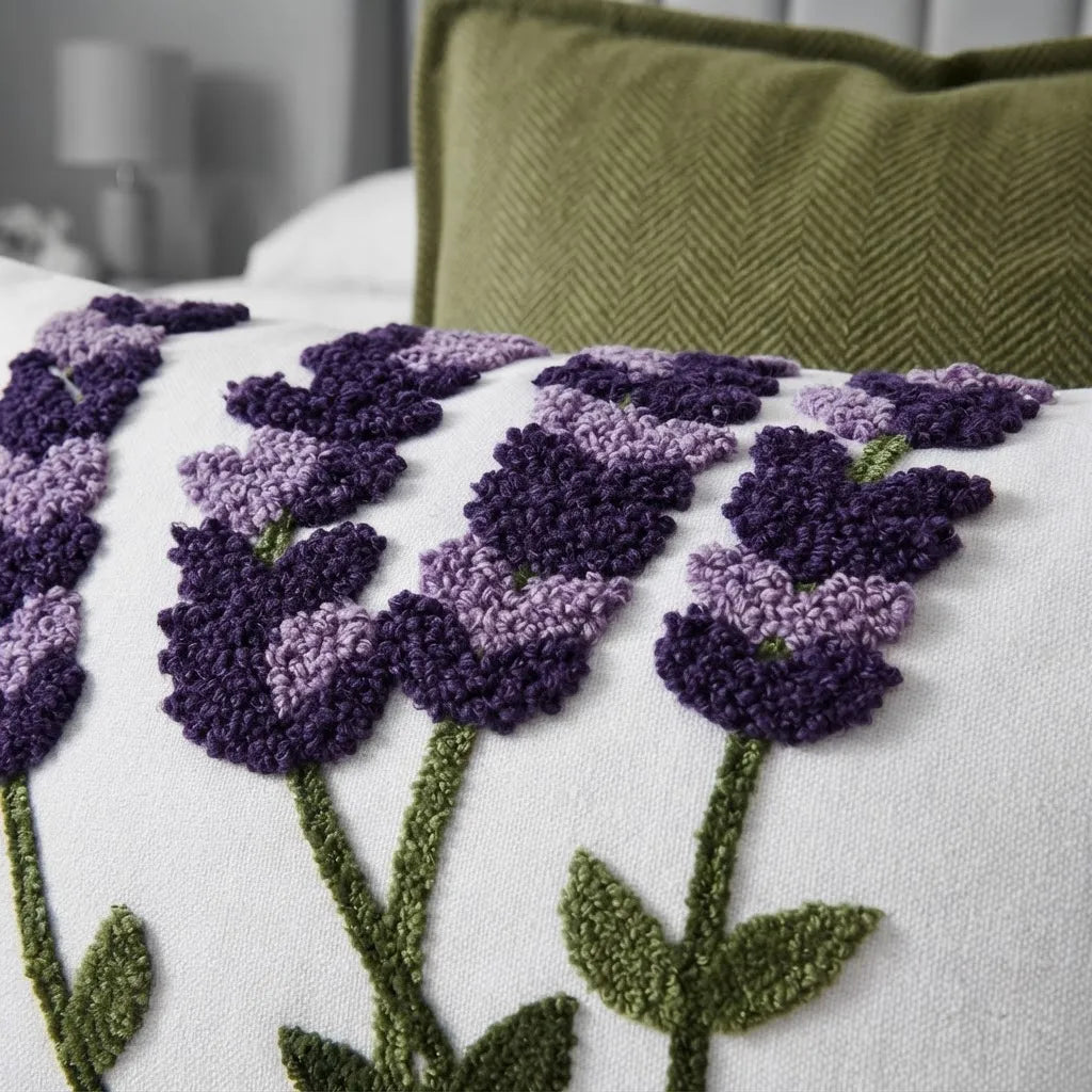 Funda de Cojín Bordada Jardín Lavanda · 45 × 45 y 30 × 50 cm