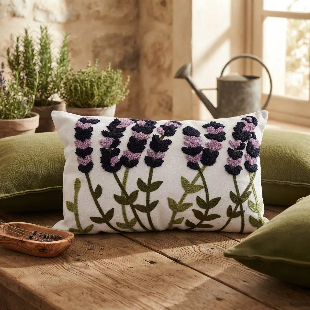 Set de 4 Cojines Decorativos Jardín Lavanda Oliva · Chenille y Bordado 45 × 45 y 30 × 50 cm