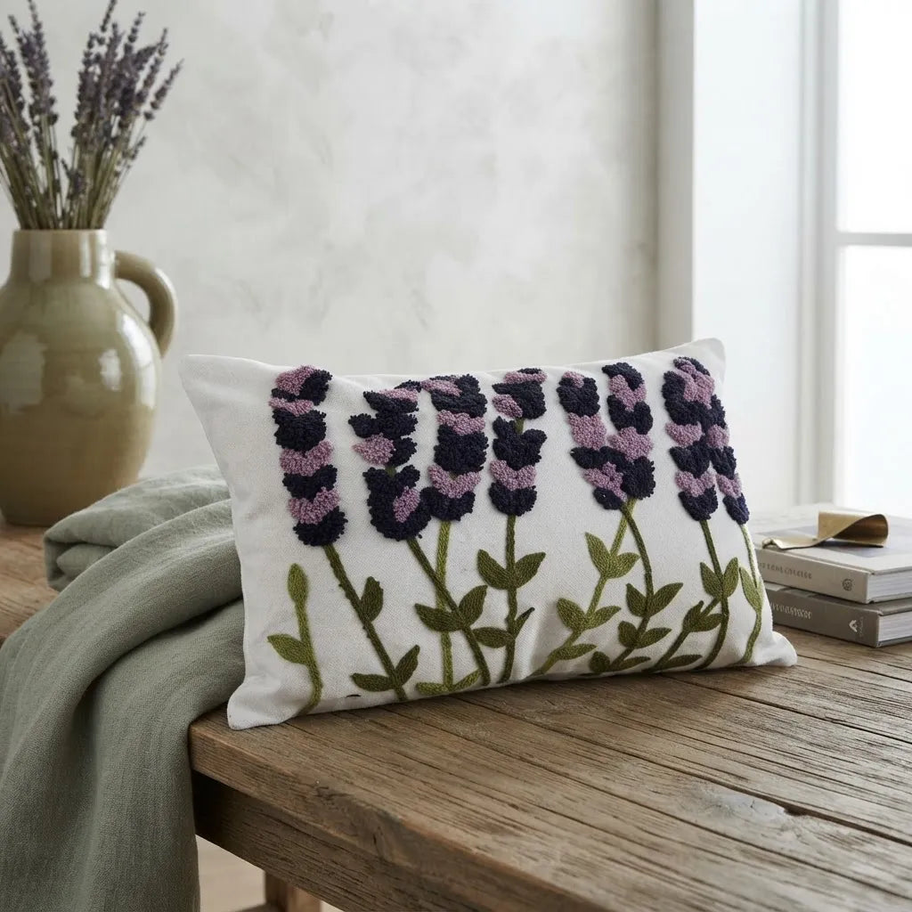 Funda de Cojín Bordada Jardín Lavanda · 45 × 45 y 30 × 50 cm