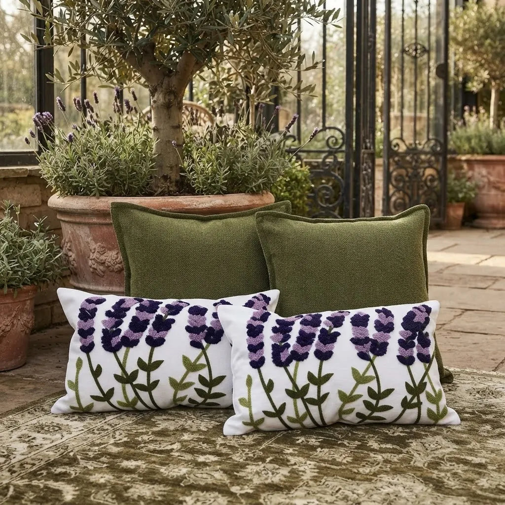 Set de 4 Cojines Decorativos Jardín Lavanda Oliva · Chenille y Bordado 45 × 45 y 30 × 50 cm