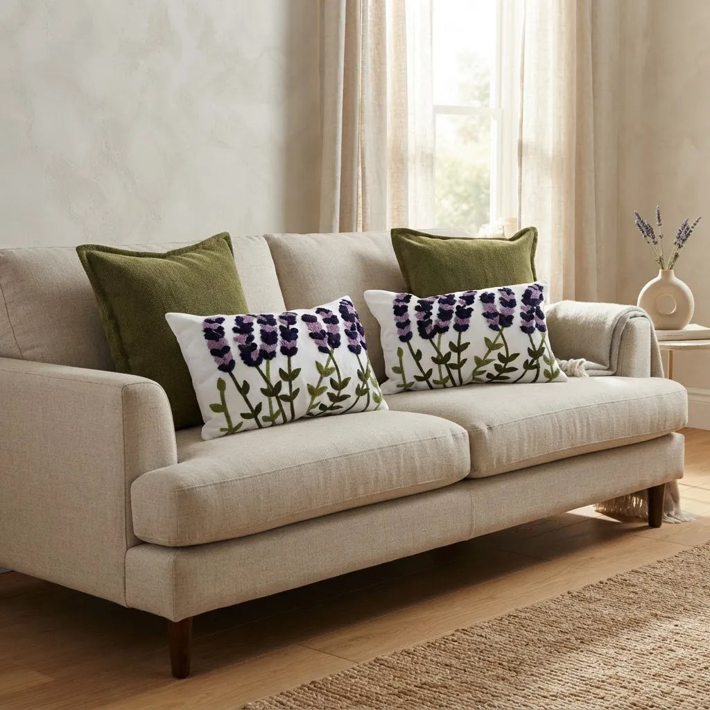 Set de 4 Cojines Decorativos Jardín Lavanda Oliva · Chenille y Bordado 45 × 45 y 30 × 50 cm