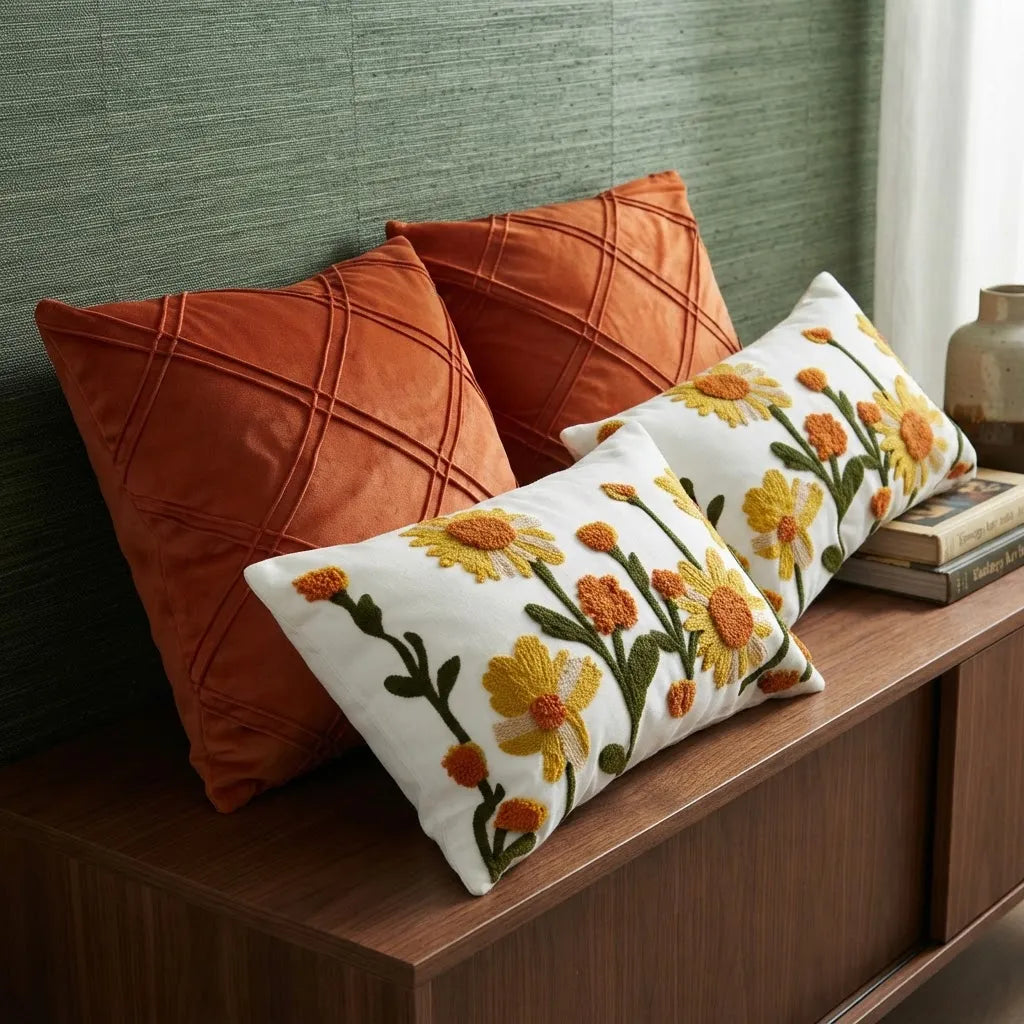 Set De 4 Cojines Decorativos Retro Floral Naranja Terracota